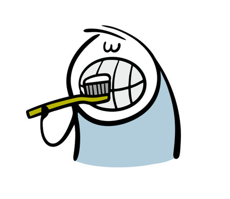 Funny sleepy man brushes his teeth with a big toothbrush in the bathroom in the morning. Vector illustration of a teenager and a healthy habit, health and hygiene. Evening ritual.のイラスト素材