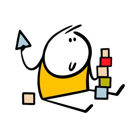 Cartoon cute little child is sitting on the floor, building a pyramid of cubes, a tall tower. Vector illustration game, educational toys for children.のイラスト素材