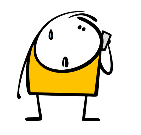 Worried and upset, stickman makes a phone call. Vector illustration of a teenager talking on doodle smartphone, sweat running down his face. Cartoon unpleasant mobile conversation.のイラスト素材
