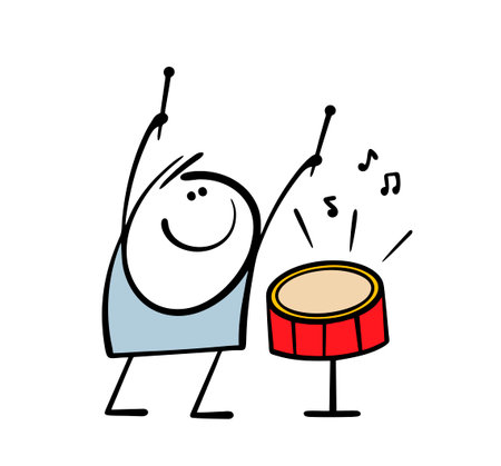 Doodle satisfied teenager taps a drum with sticks, plays a march in a musical group. Vector...