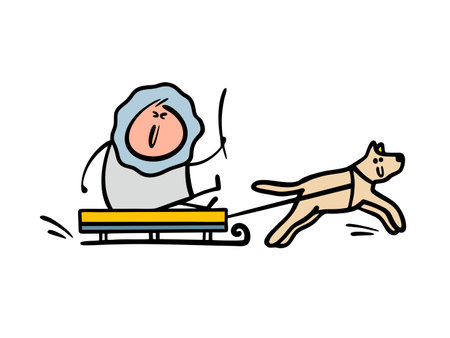 Cartoon northern man in a warm fur coat and a fur collar rides a sleigh through the snow. Vector illustration of a dog carrying its owner. Alaska or northern Russia, Iceland.のイラスト素材