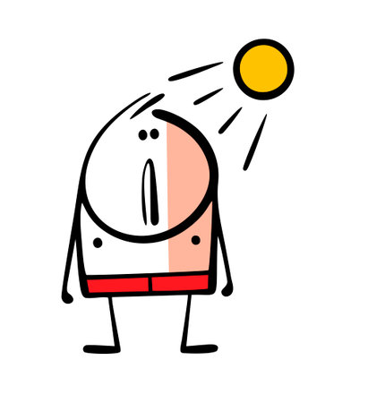 Cartoon unhappy stickman on the beach and an uneven tan. Vector illustration of a child in swimming trunks, the sun. The man suffered a sunburn or stroke.のイラスト素材