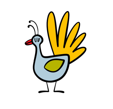 Doodle exotic bird from Asia with beautiful feathers. Vector illustration of a peacock in nature or at the zoo. A funny pet with a luxurious tail lures a female.のイラスト素材