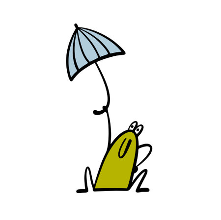 Funny frog protects itself from the sun or rain with an umbrella. Vector illustration of an amphibious animal living in a swamp. Cartoon toad with a fashionable accessory.のイラスト素材