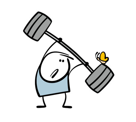 Cartoon stickman does weightlifting in the gym, lifts a very heavy barbell. Vector illustration of a cute butterfly sitting on the inventory. prevents the athlete from doing the exercise.のイラスト素材