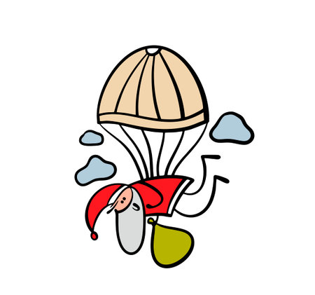 Merry Christmas. Vector illustration of Santa Claus descending from the sky on a parachute carrying a large bag of gifts for children on holiday.のイラスト素材