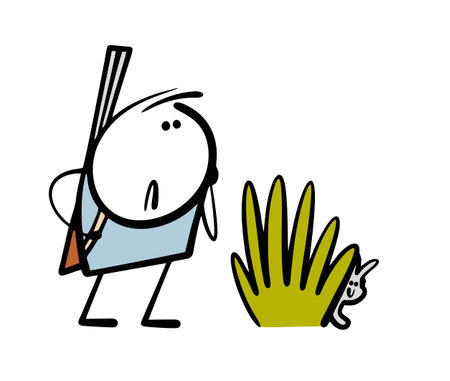 Cartoon character with a gun came to the forest to hunt. Vector illustration of a hunter looking for a victim. Cute bunny, the rabbit is hiding in the bushes. Grass and a hare hole in nature.のイラスト素材