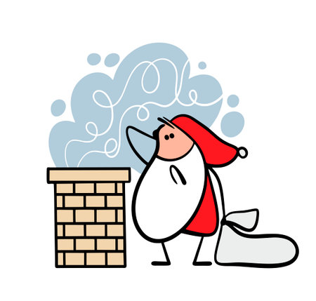 Puzzled Santa Claus with bag of gifts looks confusedly at chimney on roof of house. Vector illustration of fairy-tale hero, smoke coming, mission impossible. Dangerous path to children.のイラスト素材