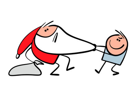 An ill-mannered child has caught Santa Claus and is pulling on his white beard, demanding gifts. Vector illustration of a fairy tale character and a naughty boy fighting.のイラスト素材