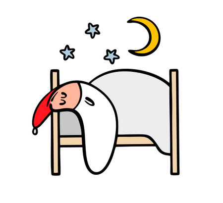 Cute Santa Claus with white beard is lying on pillow in bed. Vector illustration of fairy-tale character who slept through the new year. Stickman is on vacation. Night, starry sky and moon.のイラスト素材