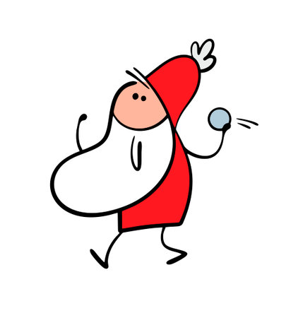 Naughty Santa Claus with a gray beard is playing snowballs. A stickman in a red doublet is having fun, throwing snow at his opponent.のイラスト素材