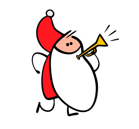 Funny cartoon Santa Claus blows a trumpet, plays music. Vector illustration of a Christmas carol and...