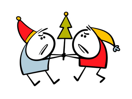 Two boys are fighting over a Christmas tree. Vector illustration of greedy dwarves or elves snatching a toy from their hands. Quarrel, the holiday is ruined.のイラスト素材