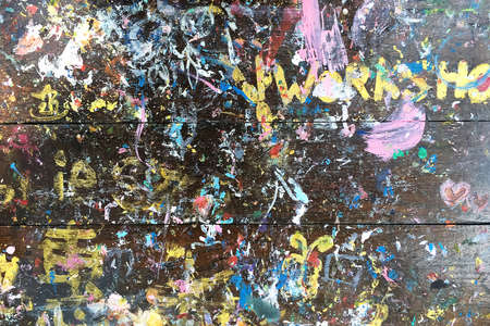 Wooden table top Art workshop.の写真素材