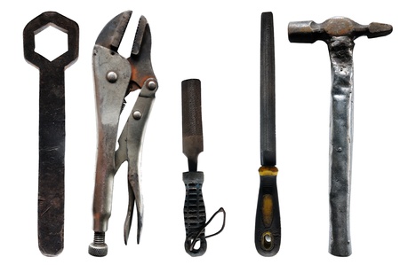 Old used vintage tools isolated on white background