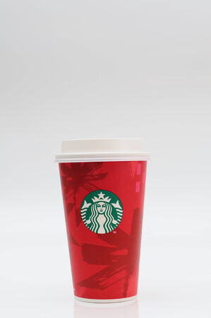 BANGKOK NOV 19: Starbucks coffee cup for take away for Chirstmas festival on November 19, 2014 Bangkok, Thailand.のeditorial素材