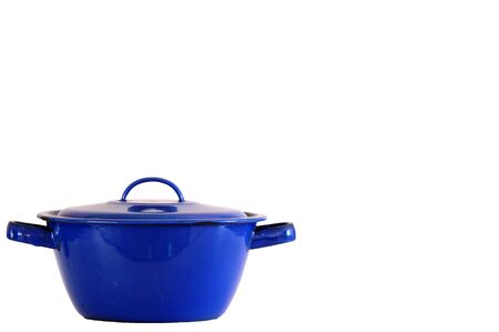 Blue enamel pot isolated on white background.の写真素材