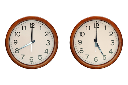 Wooden clocks show working time 8:00 to 17:00の写真素材