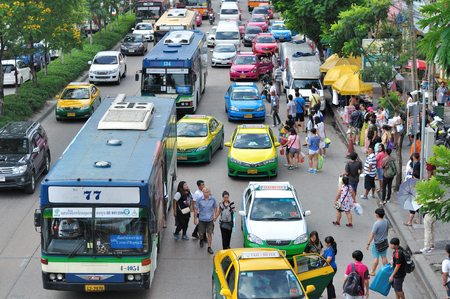 BANGKOK THAILAND, AUGUST 14, Bangkok 's traffic jam in front of JATUJAK market, vehicles are the...