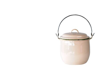 Creamy white enamel pot, vintage and retro kitchenwareの写真素材