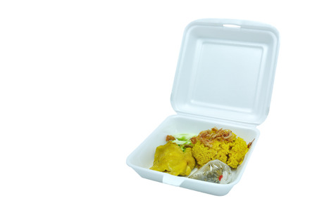 Foam box set of Chicken biryani rice, traditional food spicery fried crispy onion toppingの写真素材