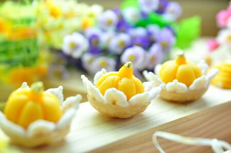 Thai royal sweet dessert on red and white strip napkin, food stylist Jamongkut, Ja Mong Kutの写真素材
