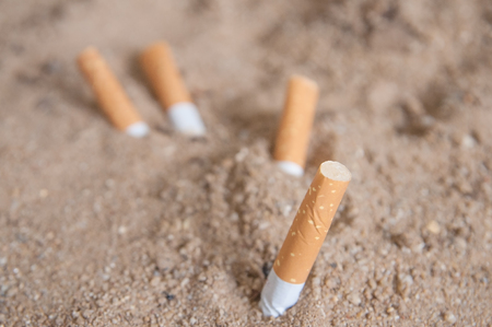 Cigarettes butt on sand tray, World No Tobacco Day 31 Maysの写真素材