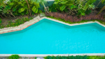 Swimming pool top view from building.
