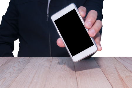 Unidentified business people show smartphone to cameraの写真素材