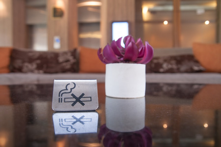 Do not smoke stainless sign lay on glass table near flower pot and big sofa with pillow in big room.の写真素材