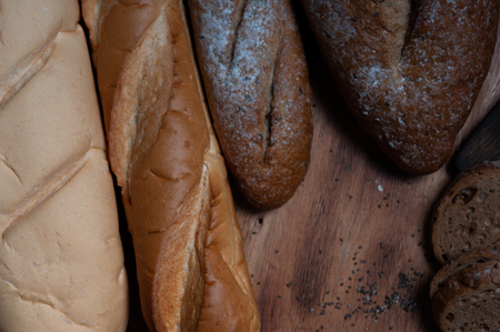 Food stylish lighting setup with French baguette bread eggs sack bags and China seeds.