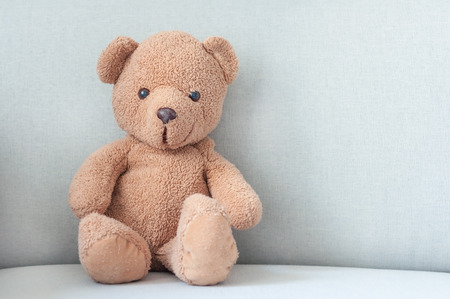Cute brown bear sitting on gray sofa looking to camera with copy space on right side.  Bear toy surprise gift lay on the gray seat.の写真素材