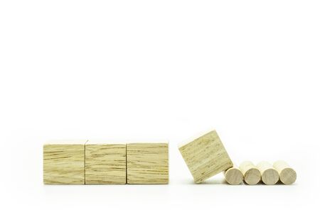 Cube wooden block stacking on white background. Children toy for education.の写真素材