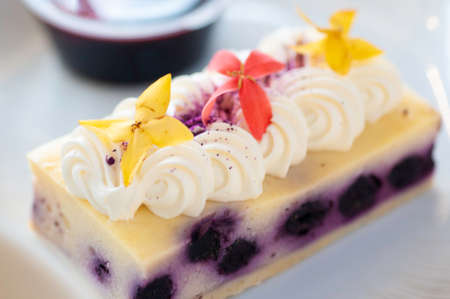 Blueberry cheese cake topping with white cream and cup of sauce.の写真素材