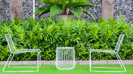 White chair and small table set in green garden, tea table set for relaxation at home garden.