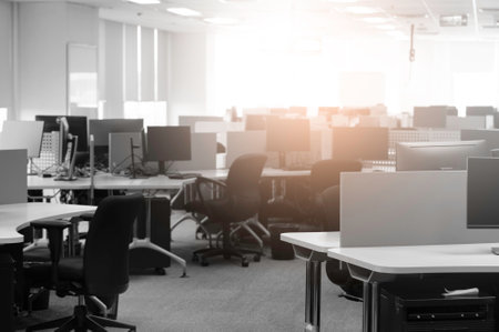Business office during the COVID situation, work from home no people to work in office.  Company change policy for the work period.の写真素材