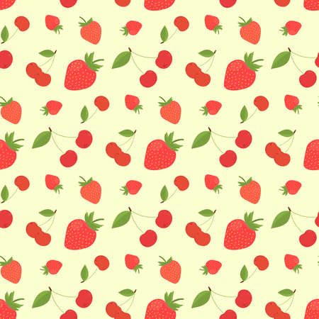 Strawberry and cherry seamless fabric design. Cute fruits pattern. Vector illustration.のイラスト素材