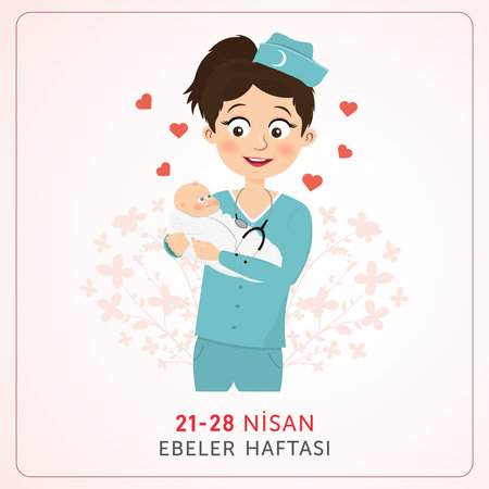 Woman doctor with a baby. Midwives Week design. 21-28 April, vector illustration.のイラスト素材