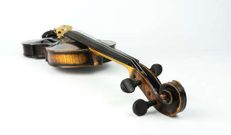 Perspective of old italian violin on white background.