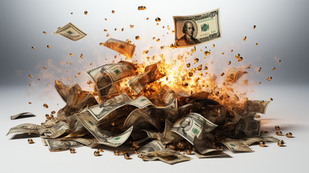 money is burning Investment in real estate or real estate. Mortgage rate pouring out of a money bag on the table. ai generativeの素材