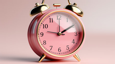 A pink alarm clock sitting on top of a table ai generativeの素材