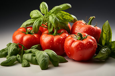 tomato with basil on black background ai generativeの素材