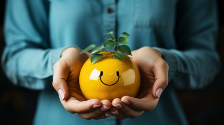 girl holding a small pot in her hands with a smile and a sprout ai generativeの素材