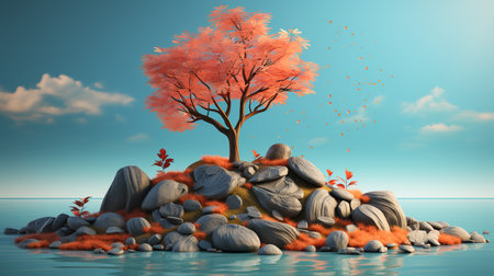 Beautiful autumnal landscape with colorful trees, fall leaves and flowing water, blue sky background with sunshine Ai generated imageの素材