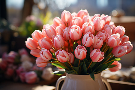 beautiful bouquet of fresh tulips in glass vase. ai generativeの素材