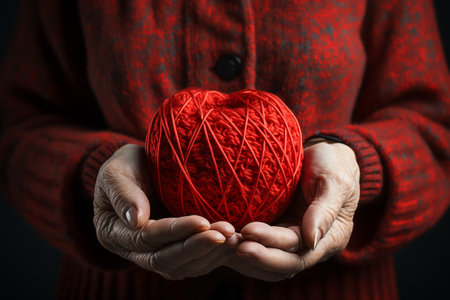 Grandmother holding a bundle of knitting threads close-up. ai generativeの素材