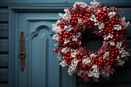 Christmas holiday wreath hanging on a door, adorned with shimmering ornaments and twinkling lights ai generativeの素材