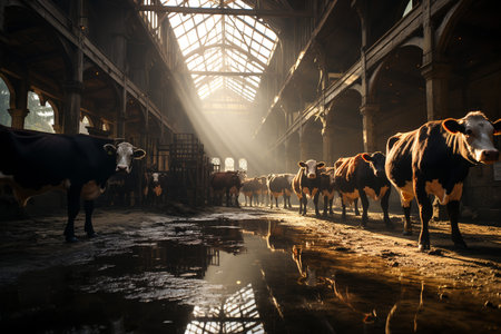 Cows stand in the barns of large wooden barns.farm ai generativeの素材