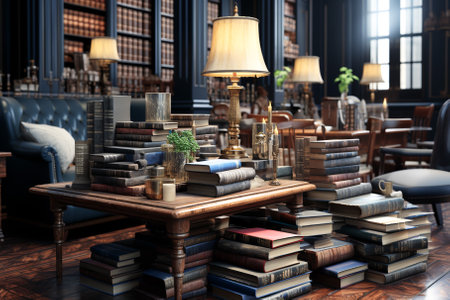 The wide-angle shot captures a beautifully inspiring office workspace filled with an abundance of books, colorful posters, and bathed in natural light ai generativeの素材