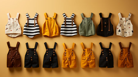 Baby clothes hanging on a rope on a yellow background ai generativeの素材